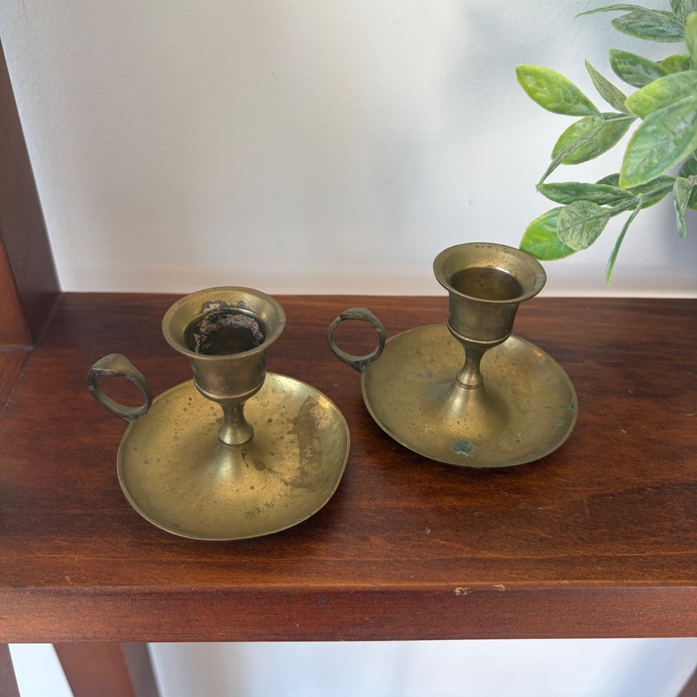 Vintage Brass Chamberstick Candle Holders Set of 2 Finger Loop Made in India